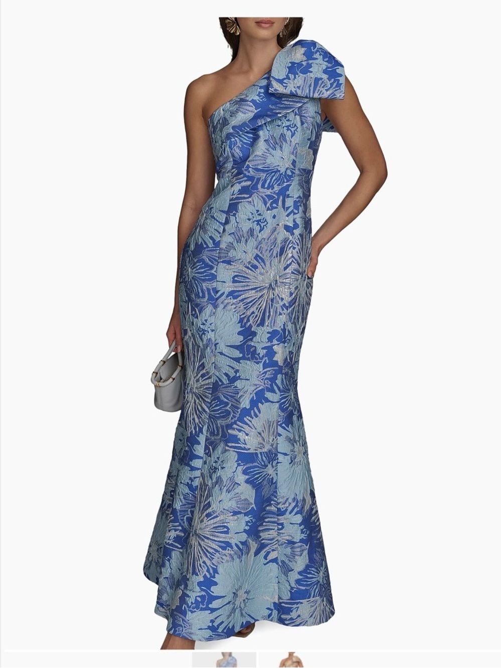 Donna Karan One-Shoulder Floral Jacquard Dress in Blue and Light Blue